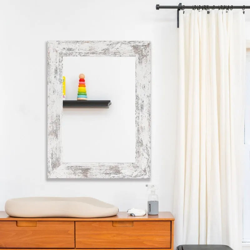 Rectangular wall mounted bathroom mirror with MDF frame in small old white colour with retro Chinese pastoral design