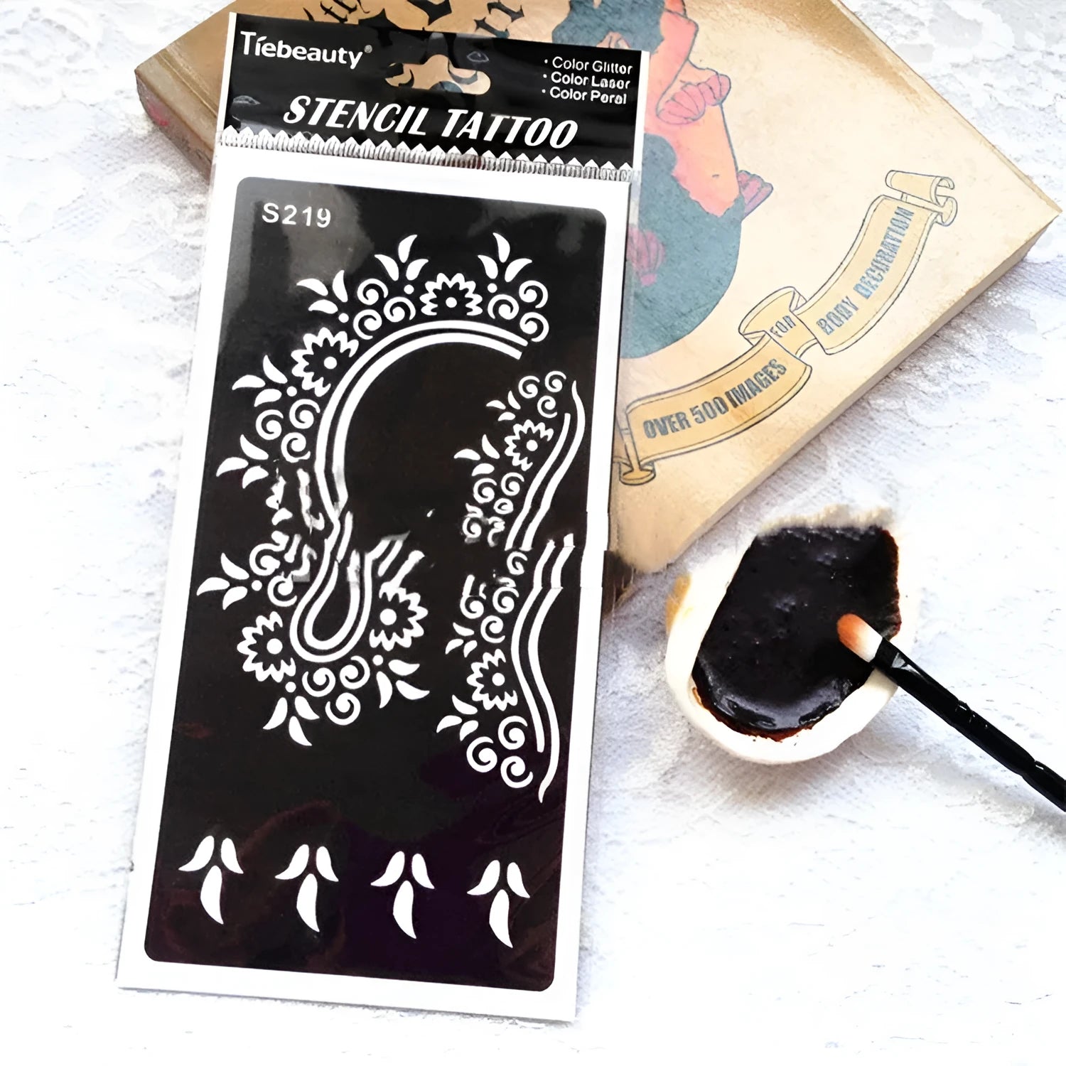 Geometric hollow tattoo template stickers on water transfer paper in multiple colours