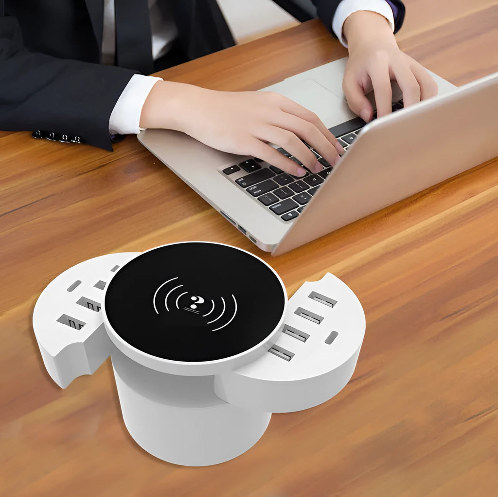 Ceramic white circular wireless smartphone charger with multiple ports and 1.5 metre cable