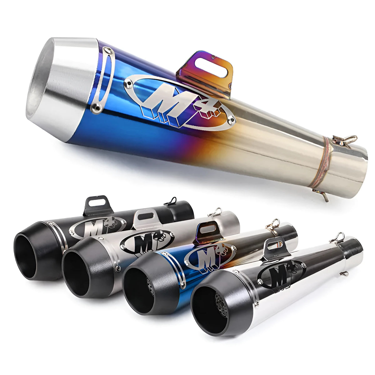 M4 universal motorcycle exhaust pipe in multiple colour finishes with back pressure variants