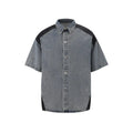 Retro washed denim short-sleeve jacket and full-length trousers suit in blue street style