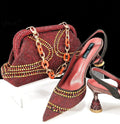 Women's pointed toe high heels with matching small handbag in synthetic leather