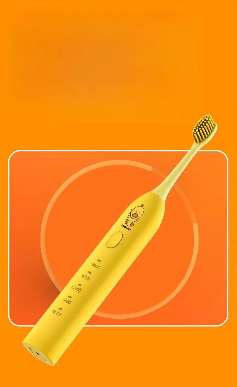 Small yellow duck USB rechargeable electric toothbrush with soft bristles and laser engraved shell