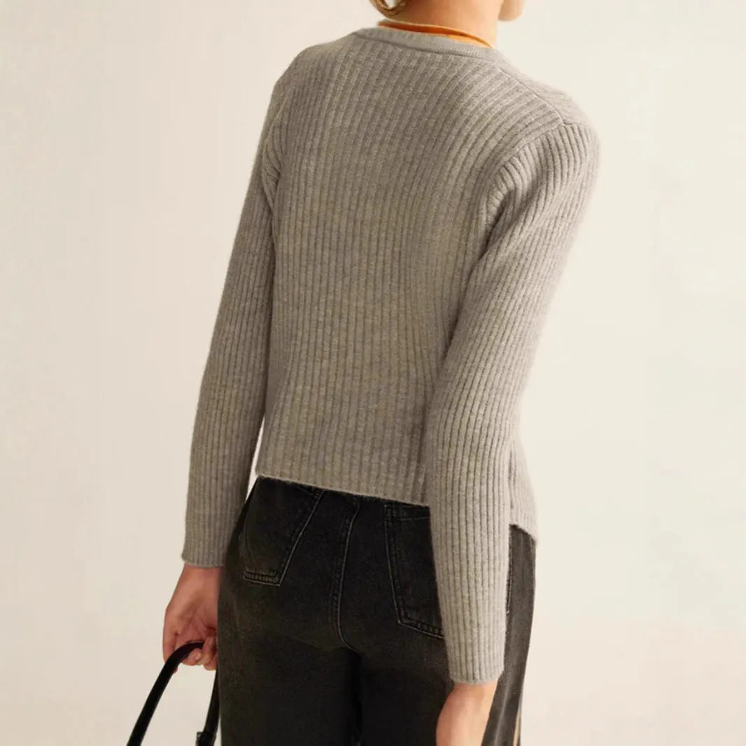 Silver grey yuan collar loose cardigan sweater on a hanger