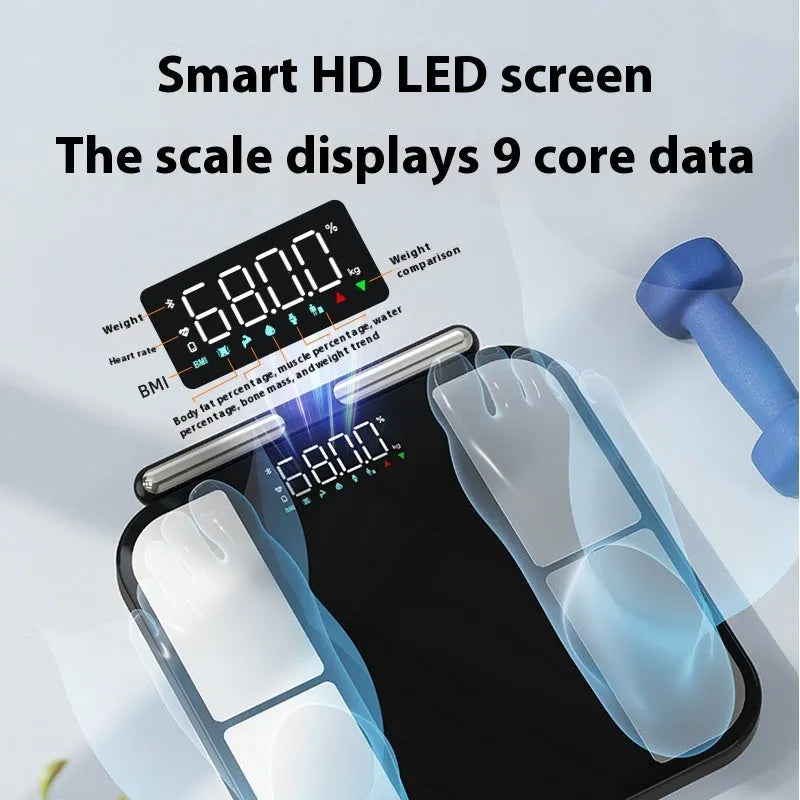 Black electronic weighing scale with tempered glass platform and colour display showing body metrics