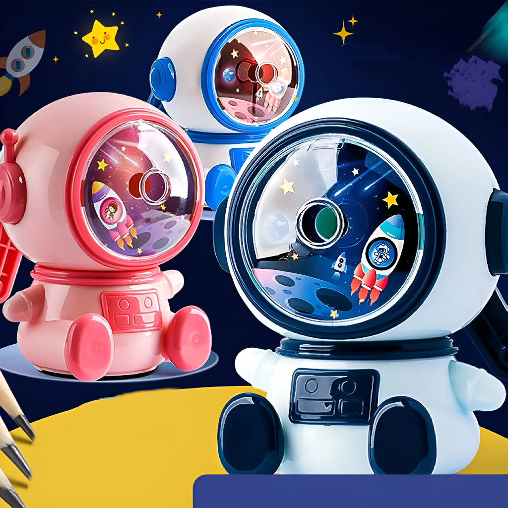 Blue astronaut manual pencil sharpener with adjustable three-level mechanism for standard 2mm pencils