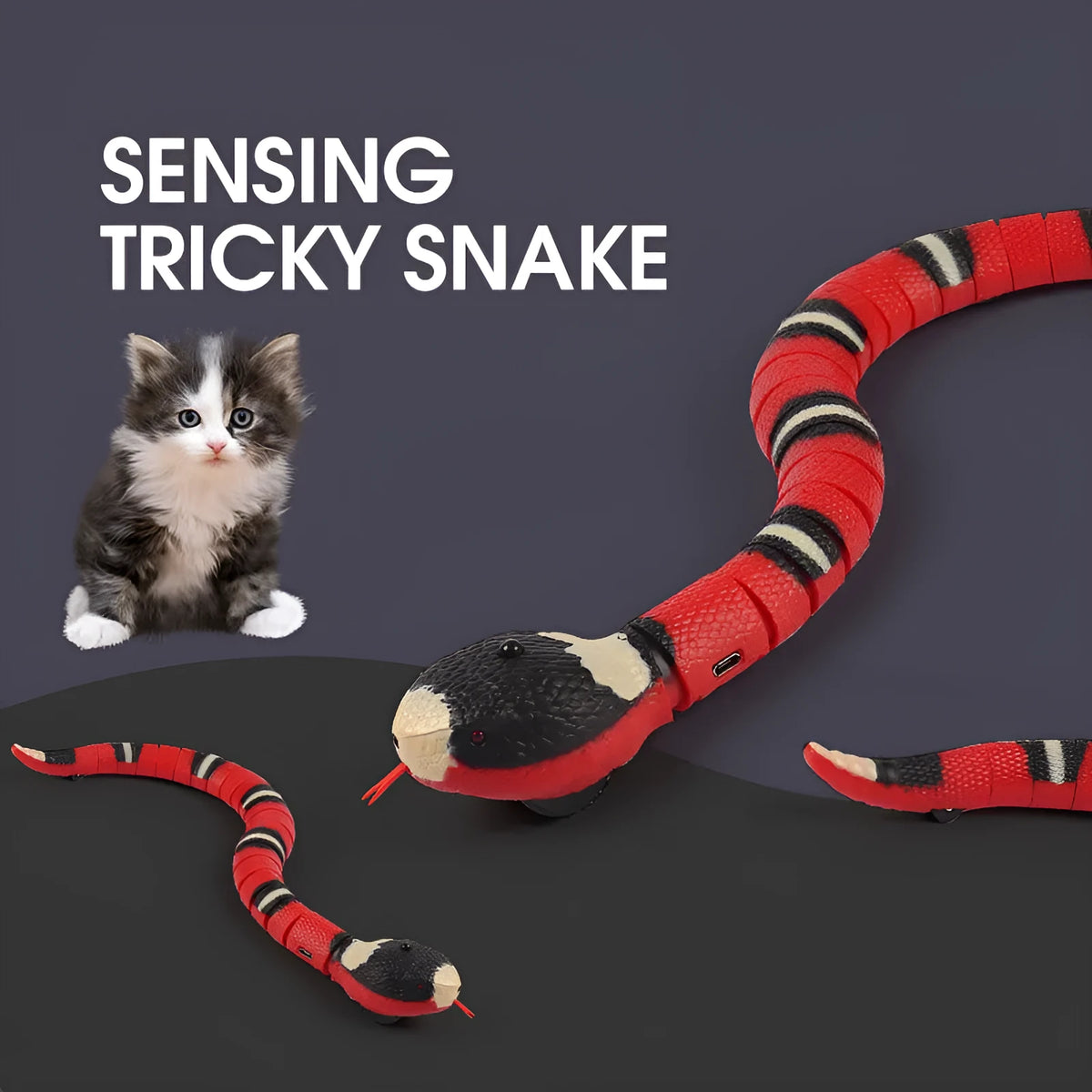 Automatic electronic snake cat toy with segmented plastic body on a floor.