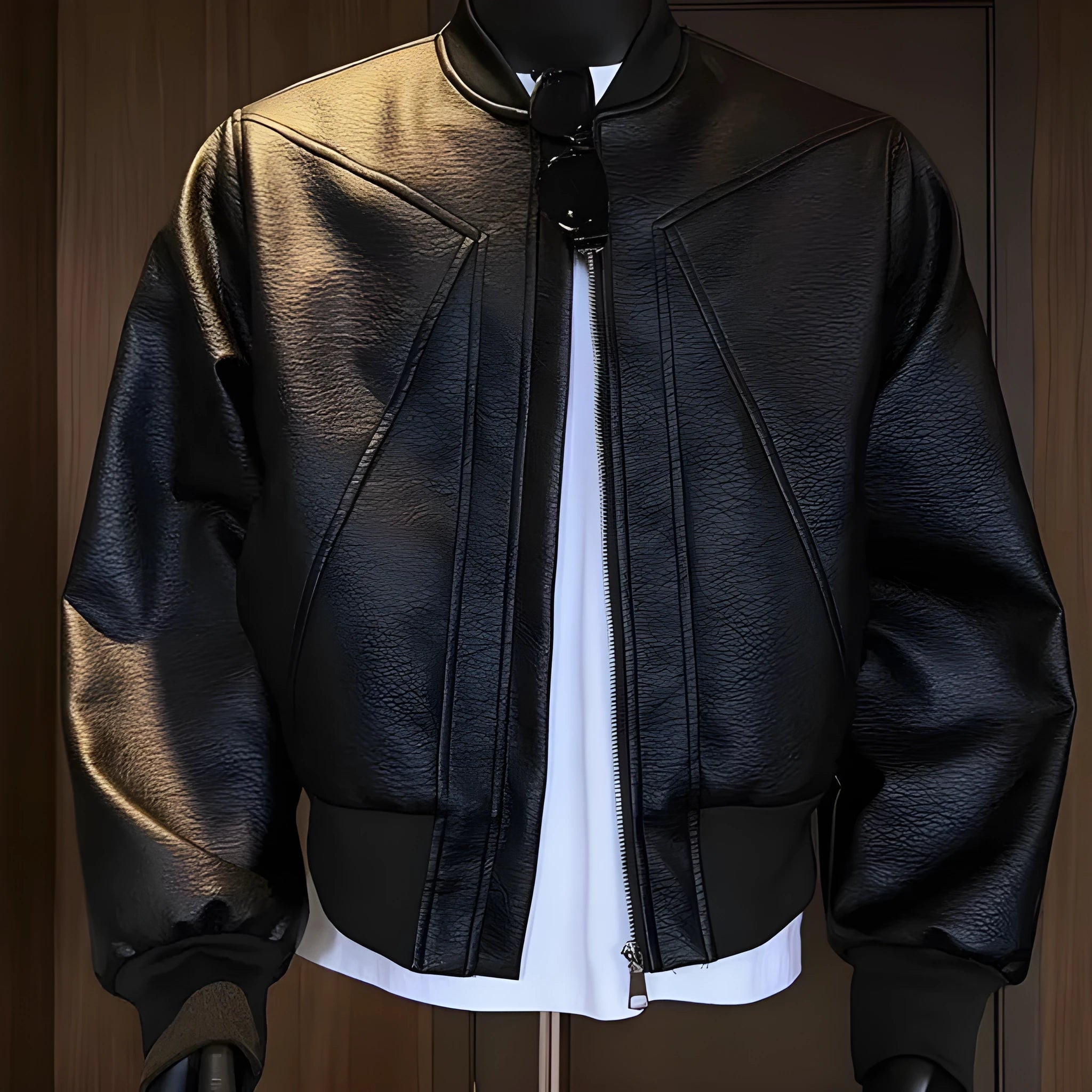 Men's black PU leather biker jacket with egg white litchi pattern texture, extended length design