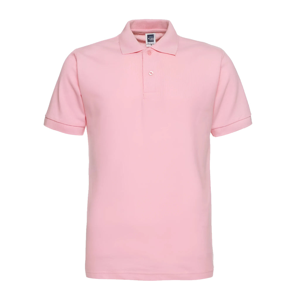Plus size man wearing a solid black lapel polo shirt with short sleeves, loose fit.