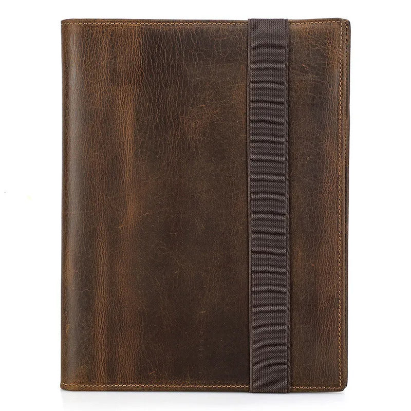Brown Crazy Horse leather A5 notebook protective sleeve with square socket-style design