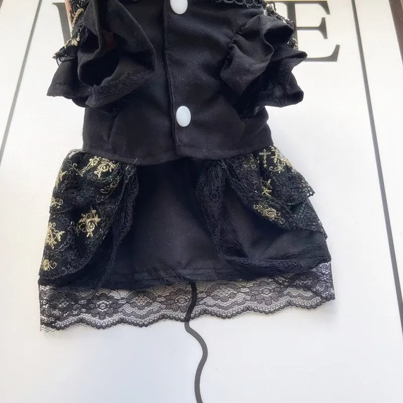 Golden Gothic-style princess skirt costume for a small dog or cat on a mannequin.