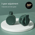 Green wrist hanging fan with USB power bank and light, showing three speed settings and compact design.