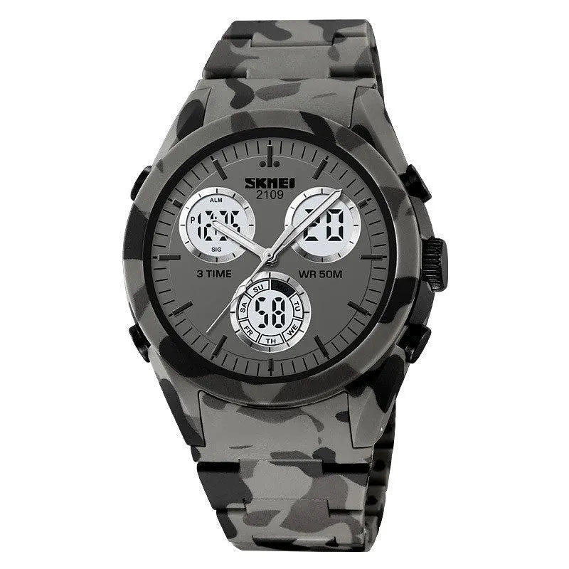 Unisex digital casual watch with camouflage strap and electronic display showing 50m water resistance.