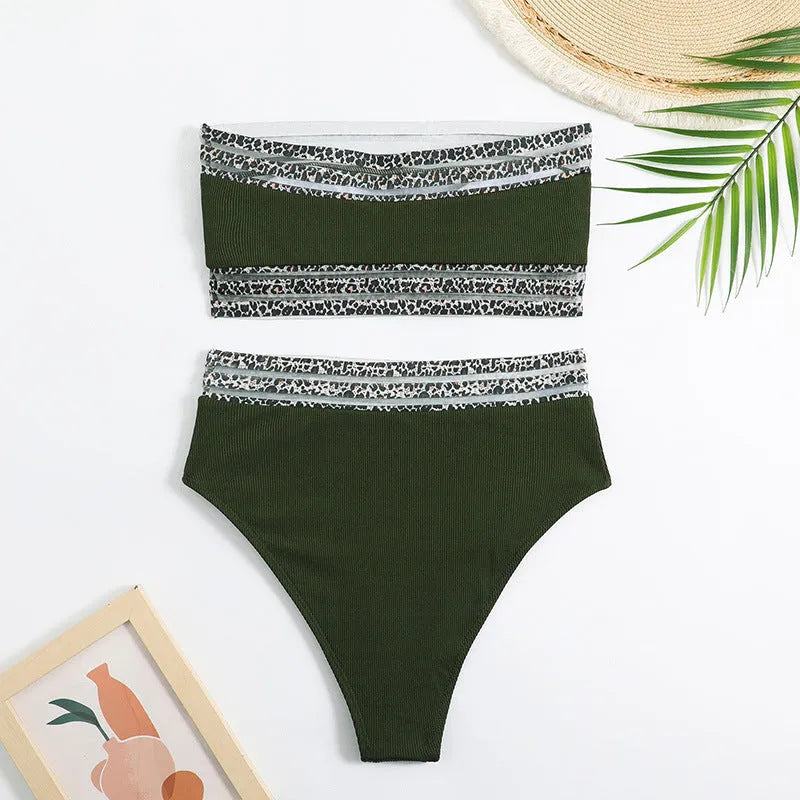 Black strapless bikini set with leopard print splicing on quick-drying nylon fabric.