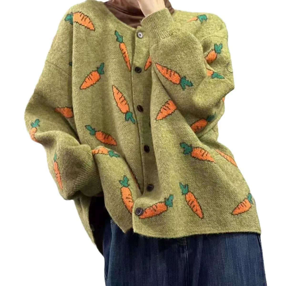 Round neck loose cardigan sweater with artistic Mori printing colour contrast in viscose fabric