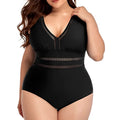 Black printed women's plus size bikini with mesh stitching details and sleeveless cut