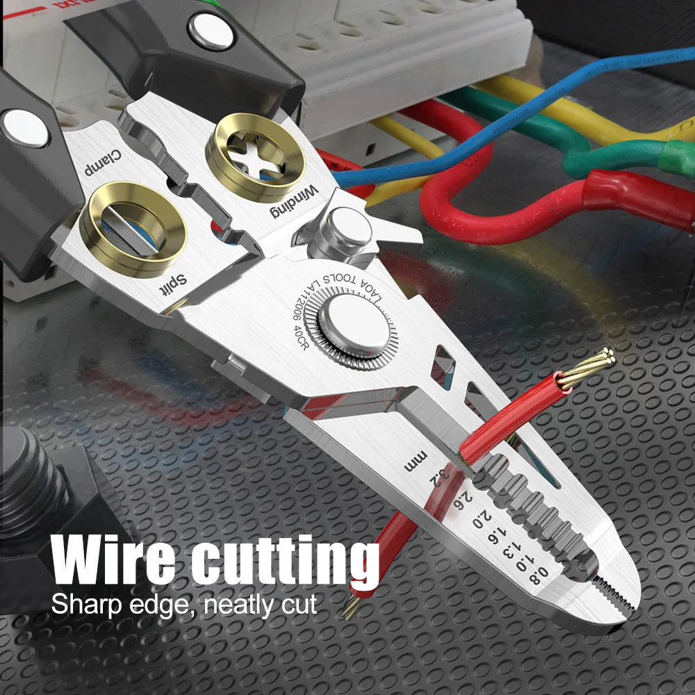 Stainless steel multifunctional wire stripper with two-colour ABS handle, showing seven different wire stripping ports.