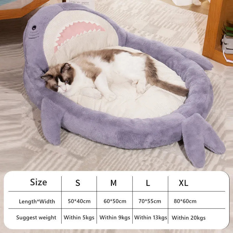 Blue shark pattern pet bed cushion for small medium dogs and cats on a floor