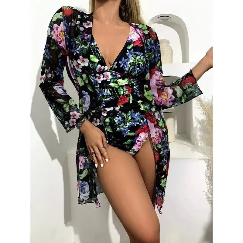 Women's floral three-piece bikini set with coat in various colours including green pink and blue