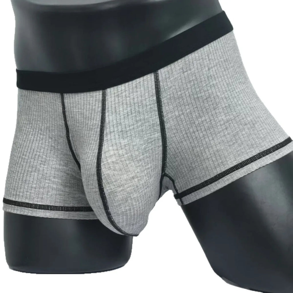 Men's solid colour breathable boxer shorts in white, black, grey, army green, and brown on a size chart.
