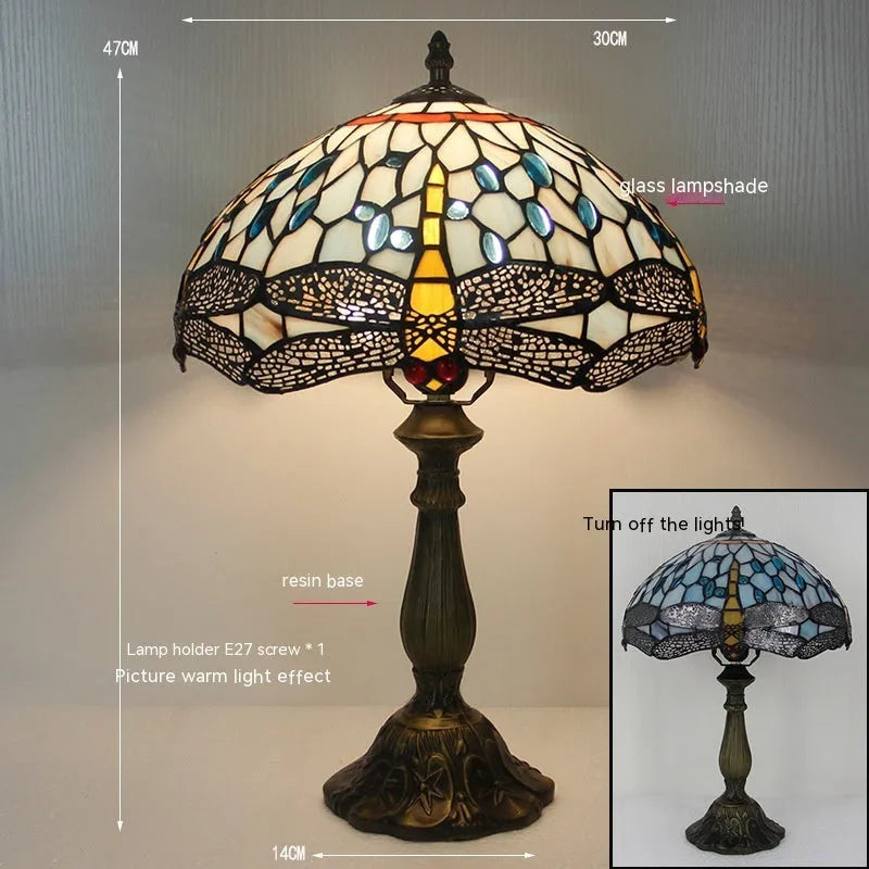 Tiffany style dragonfly stone table lamp with blue or green glass pattern and stone base for bedroom living room