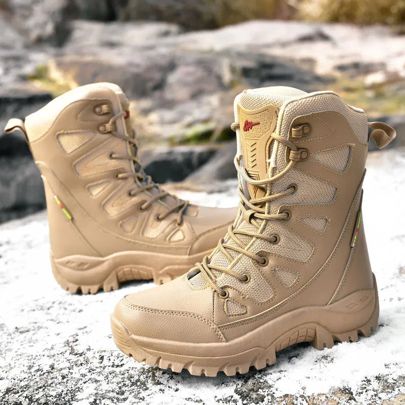 Cowhide leather hi-top hiking shoes in black brown beige colours