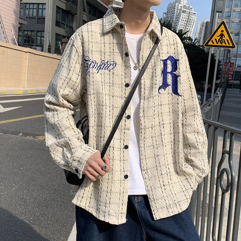 Long sleeve plaid shirt with embroidered letter detail, white or black, sizes S to XXL for men and women