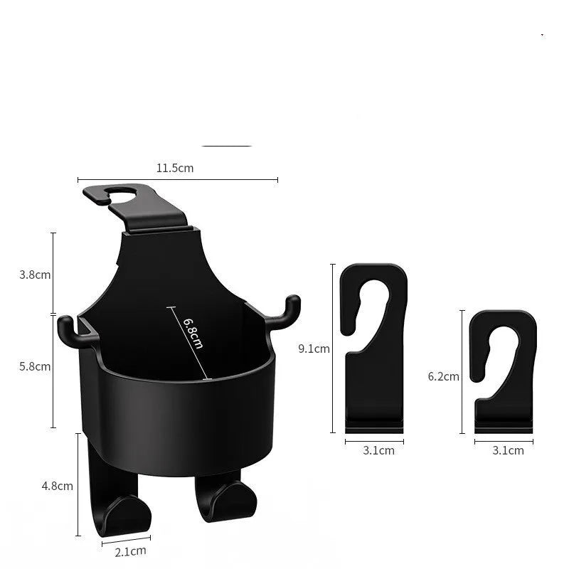 Black plastic car seat back organiser with cup holder and hook measuring 8.5 × 7.1 × 14.4 cm