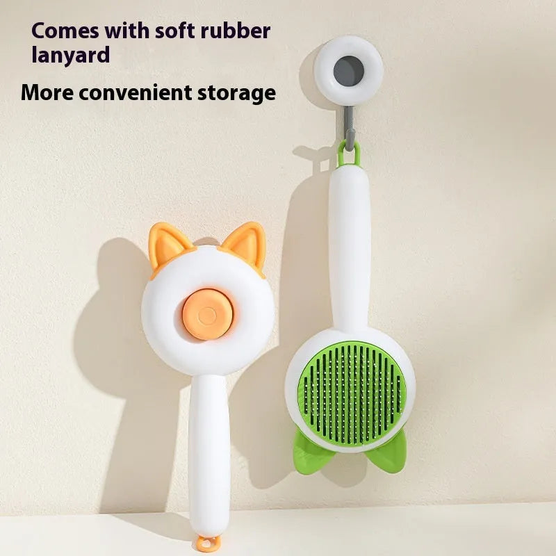Self-cleaning pet brush with stainless steel bristles in greenish white colour