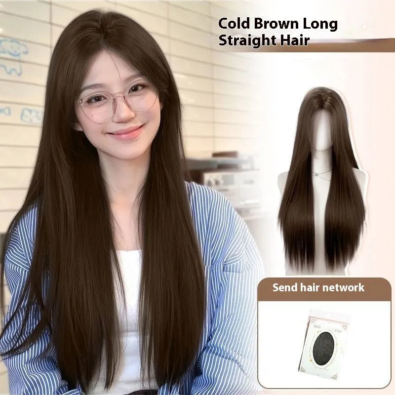 Full-head forehead lace wig in straight mid-length style with styling accessories on white background.