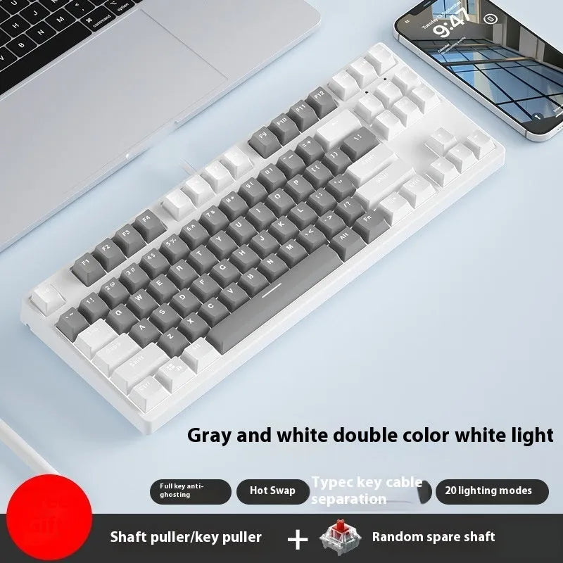 87-key wired mechanical keyboard with hot-swappable switches showing two-tone colour options