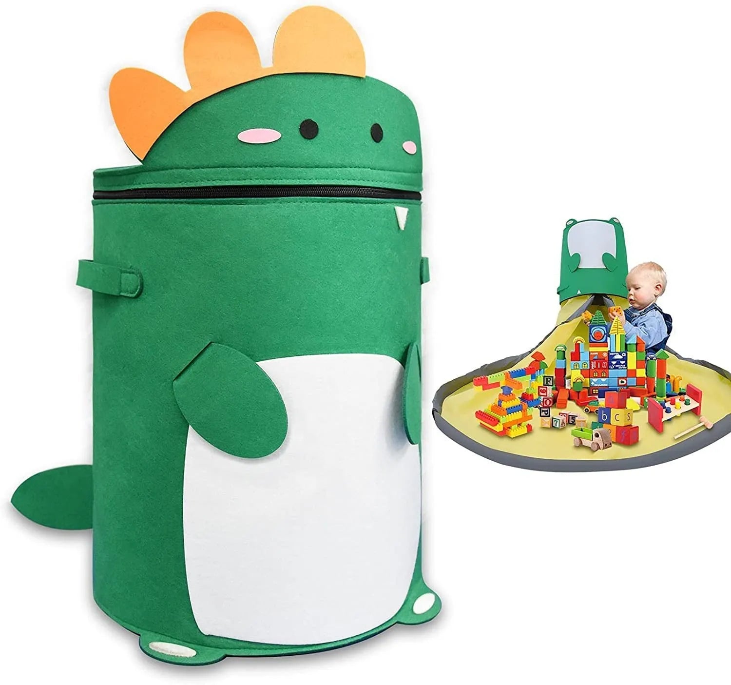 Green felt cube storage bag with pull rope, laid flat as a play mat