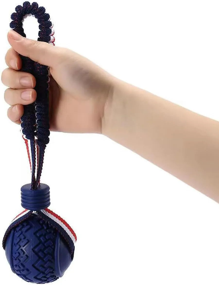 Blue dog toy with a textured rubber ball attached to a rope for tug-of-war and chewing