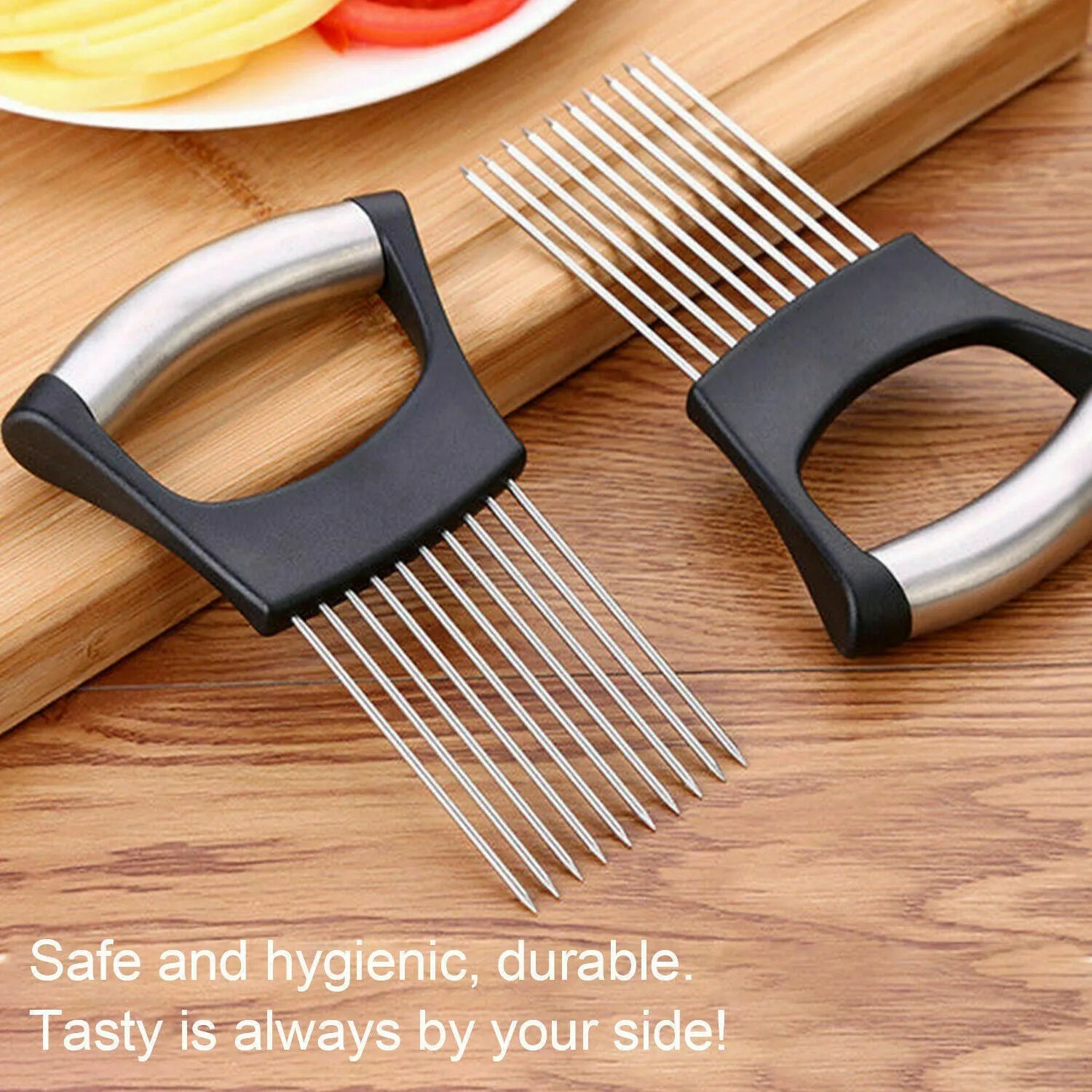Stainless steel kitchen onion holder slicer with ABS handle measuring 14cm by 9.5cm