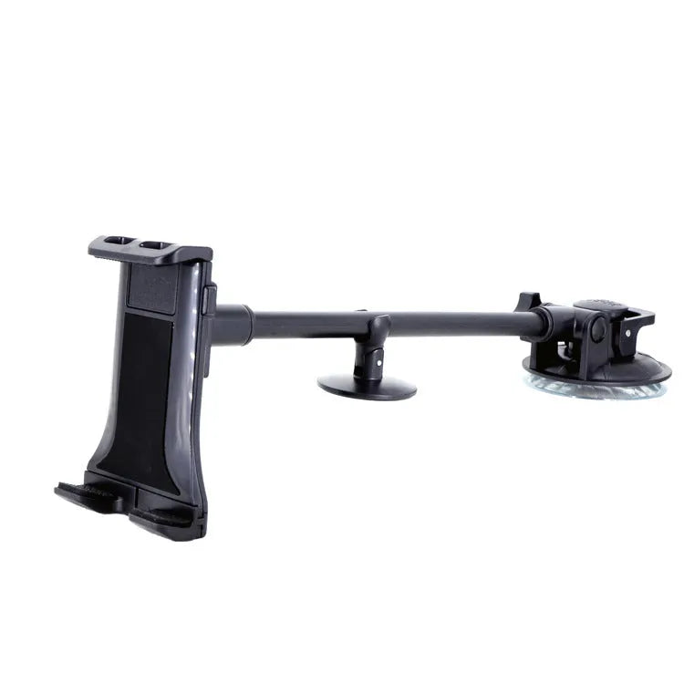 Black vehicle-mounted tablet and phone holder with lifting bracket and long suction cup arm.