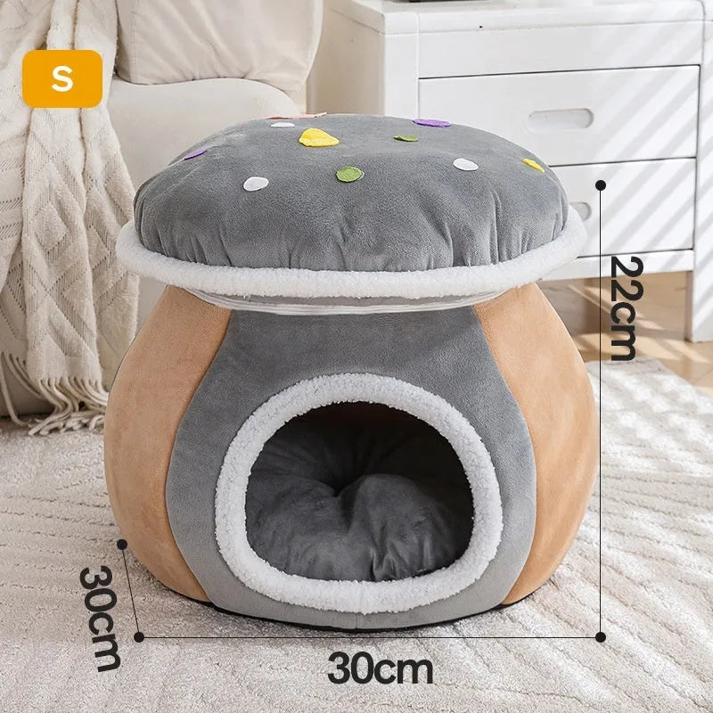 Mushroom-shaped plush cat bed in grey, pink, or purple colours with thermal construction