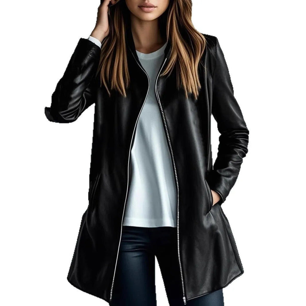 Black women's medium length leather jacket on a hanger