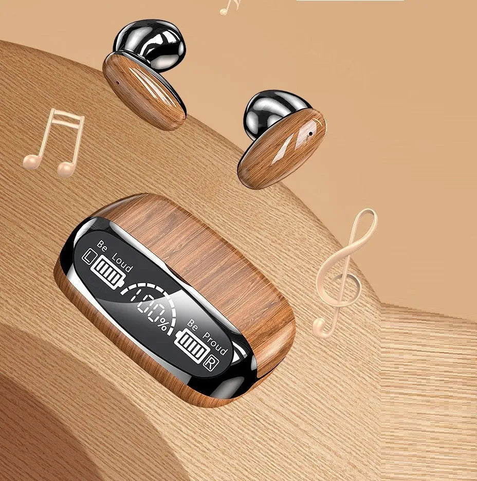 M35 wood grain Bluetooth TWS earphones with charging cabin showing power display