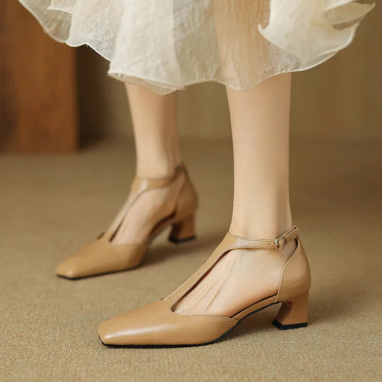 Women's wine red square toe chunky heel shoes with a buckle strap, made from sheepskin leather.