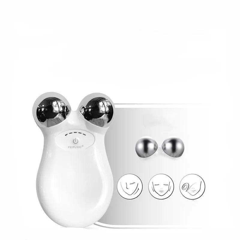 Pink and white micro current facial lifting device for skin firming, showing compact size.