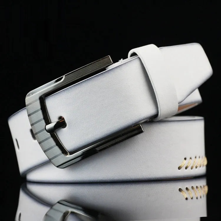 Men's threading pattern belt in black colour with alloy pin buckle fastening showing retro design detail