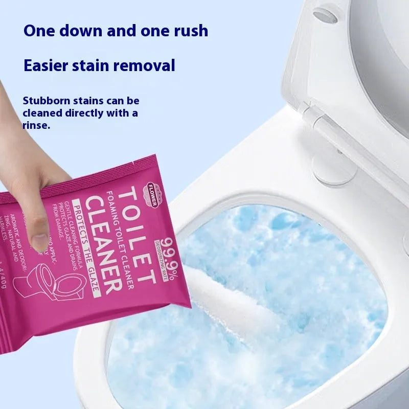 Toilet bubble powder cleaner in blue or pink fragrance, in a 240g bag or box of 40g sachets.