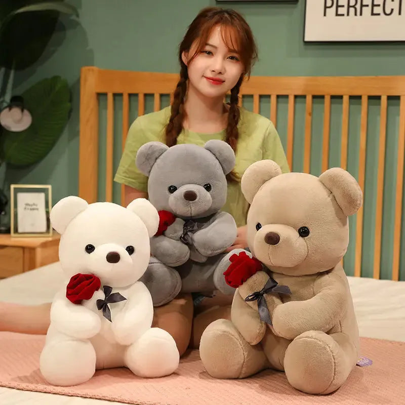 Rose print teddy bear plush doll in beige, brown, or grey, shown in various sizes.