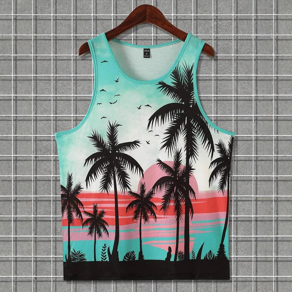 Men's solid colour sleeveless vest featuring a Hawaiian-inspired 3D printed design