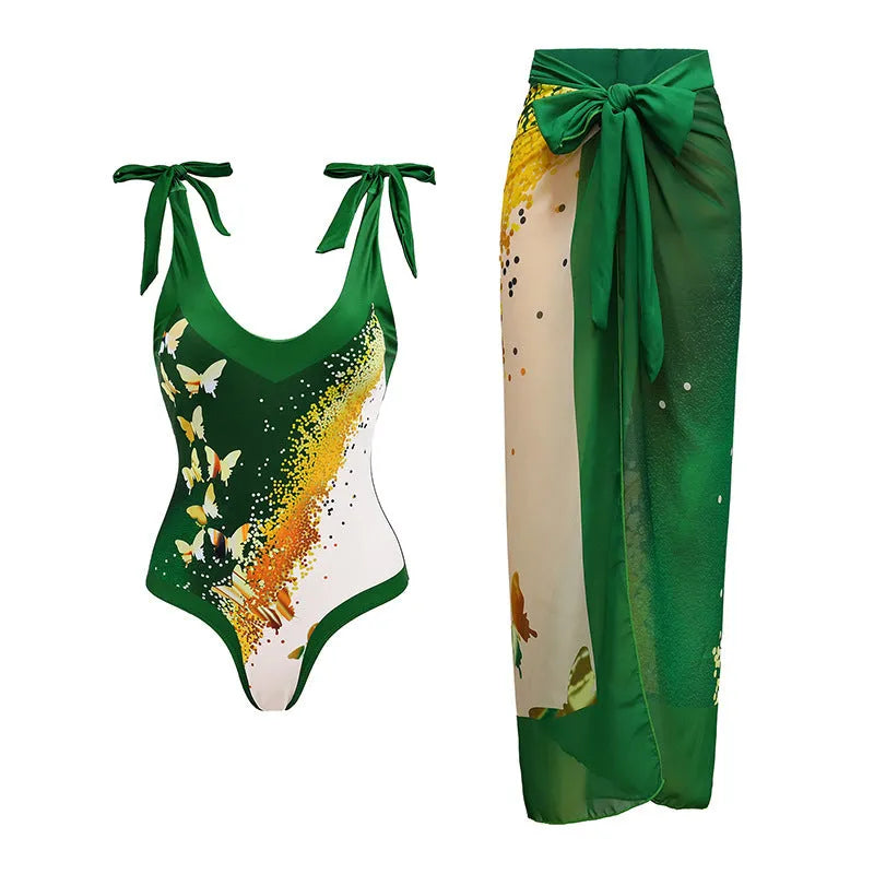 Women's solid colour one-piece swimsuit with spaghetti straps and an attached skirt