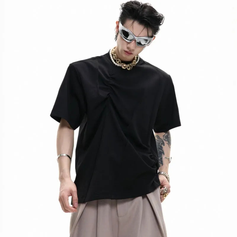 Men's cotton loose fit T-shirt with three-dimensional pleated detail and asymmetric stitching