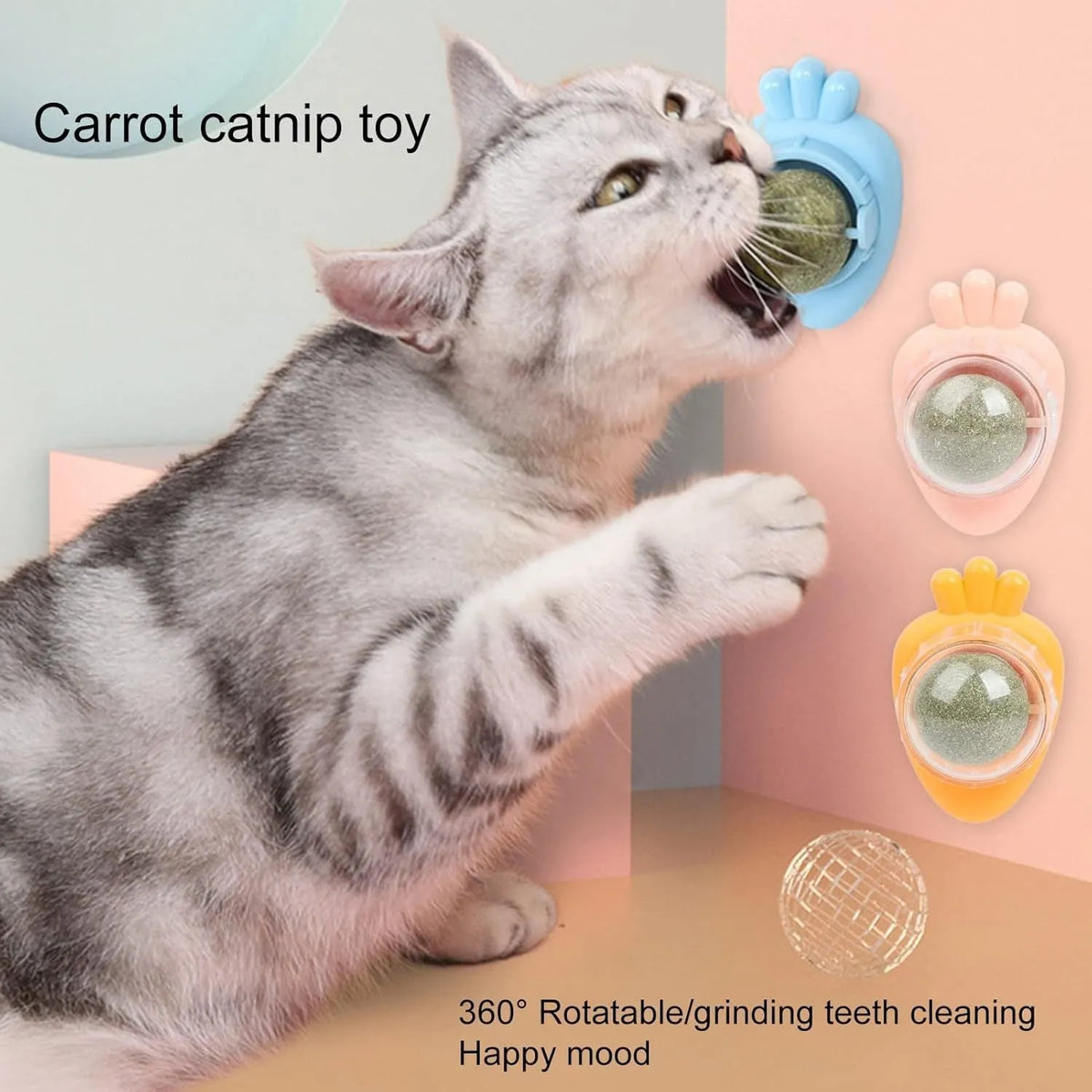Blue carrot-shaped self-adhesive catnip wall toy for dental cleaning and anxiety relief