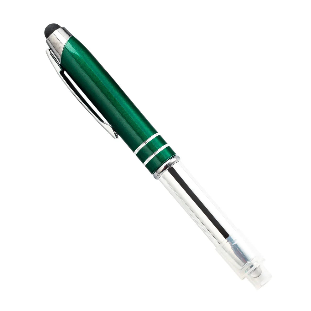 Red metal multifunctional stylus ballpoint pen with LED light and capacitive tip.
