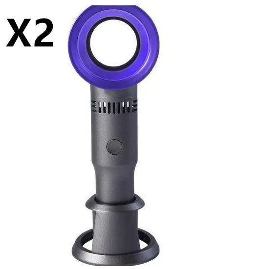 Compact portable bladeless fan in chosen colour on its base, with USB cable for charging.