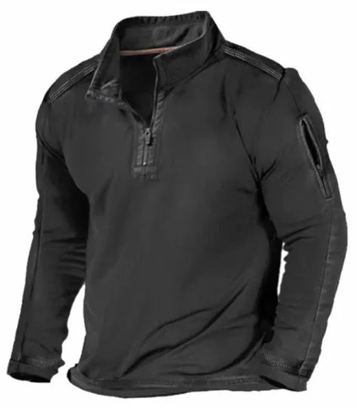 Men's dark coloured zip-up sweater with a stand collar and long sleeves laid flat.
